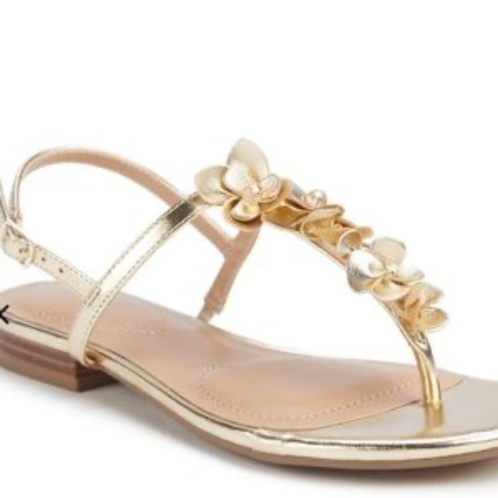 Gold T-strap floral sandal by Anne Klein